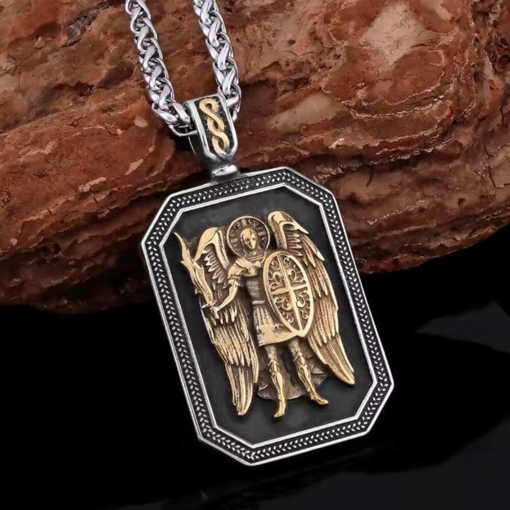 Silver & Gold Necklace Archangel St. Michael Christian Catholic Faith Stainless